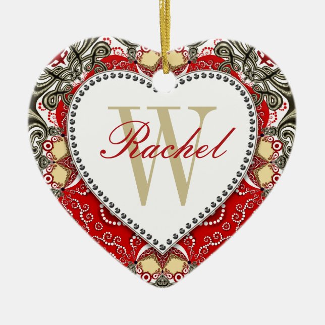 Red Batik Monogram Kärlek Heart Ornament (Framsidan)