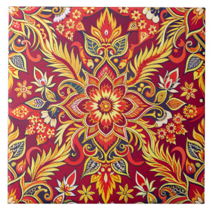 Red Batik Mönster Blommigt Skriv ut traditionell e Kakelplatta