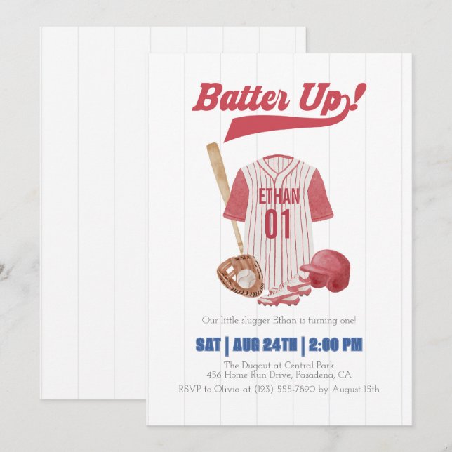 Red Batter Up Baseball First Birthday Invitation Inbjudningar (Fram/baksida)