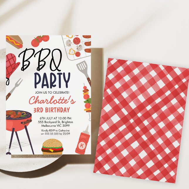 Red Bbq Red Oven Mitt Girls Bbq Birthday Inbjudningar (Bbq birthday party invitation, Backyard Bbq Birthday Invitation, Gingham, red mitt, Summer Bbq Party)