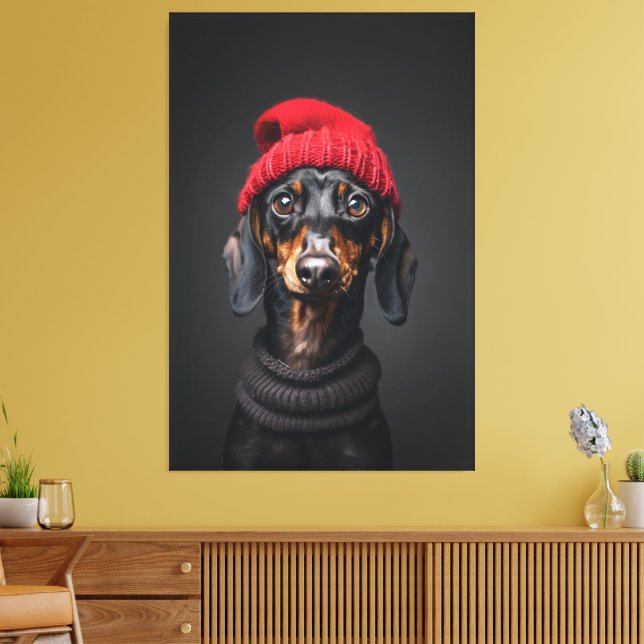 Red Beanie Dachshund Canvastryck (Insitu (Vardagsrum))