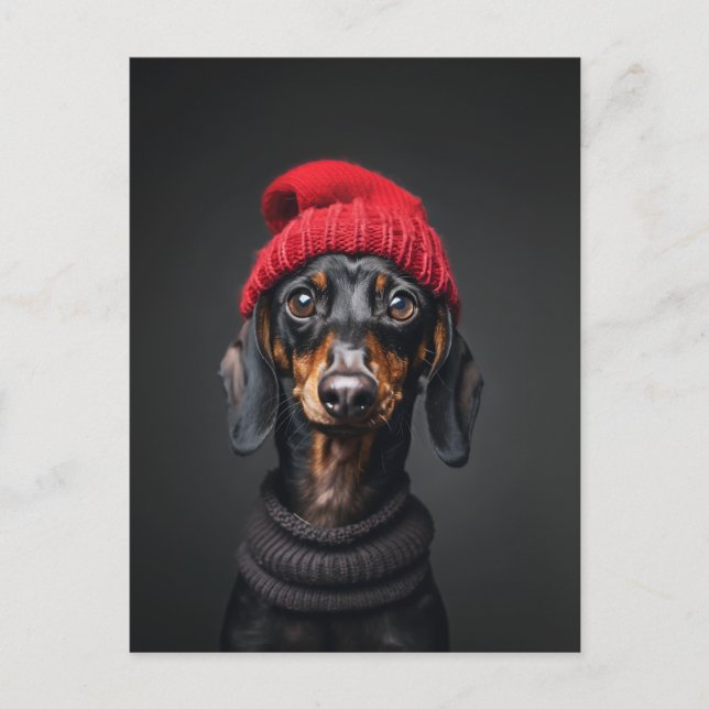 Red Beanie Dachshund Vykort (Framsida)