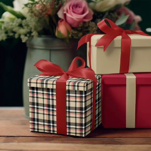 Red Beige Black White Squares Tartan Play Mönster Presentpapper