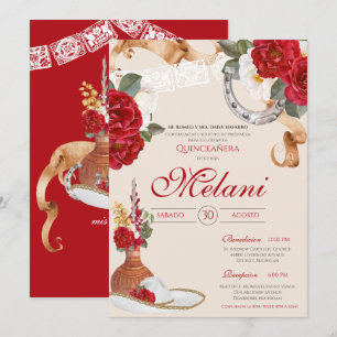 Red Beige Elegant Ro Charro Mariachi Quinceanera Inbjudningar