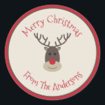 Red Beige God jul Sticker med Rudolph Runt Klistermärke<br><div class="desc">Anpassa dessa rendekaler med ditt eget hälsning och lägg till dem i paket eller kuvert.</div>