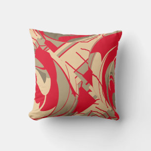 Red Beige Taupe Swirling Blommigt Lush Löv Design Kudde