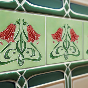 Red Bellblommor Decor Art nouveau Art Deco Kakelplatta
