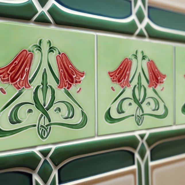 Red Bellblommor Decor Art nouveau Art Deco Kakelplatta (Skapare uppladdad)