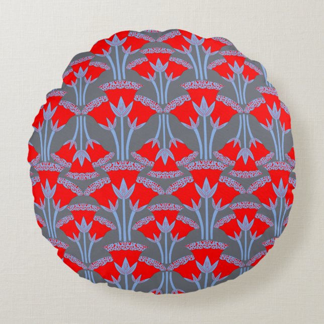 Red Bellflower Round Throw Pillow | One Owl Artist Rund Kudde (Framsidan)