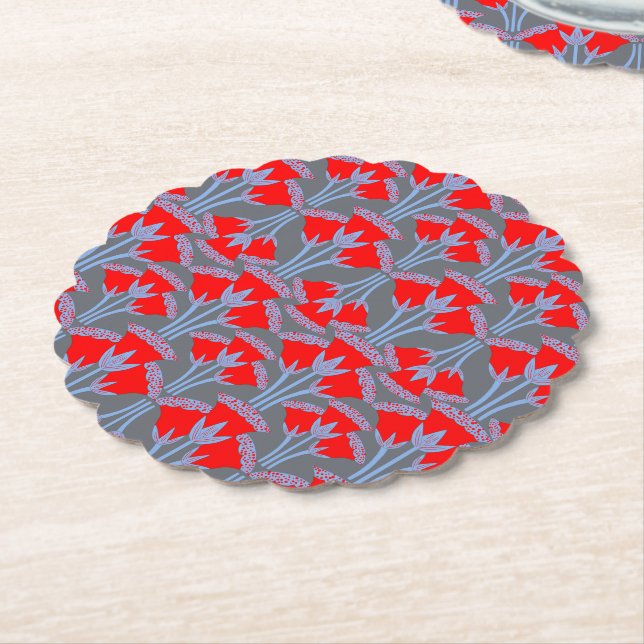 Red Bellflower Scalloped Round Paper Coaster  Underlägg Papper (Vinklad)
