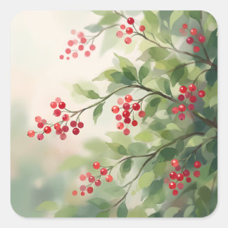 Red Berries and Green Leaves Branch Fyrkantigt Klistermärke
