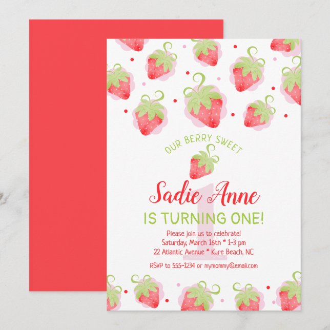 Red Berries Berry Sweet Strawberry Birthday Inbjudningar (Fram/baksida)