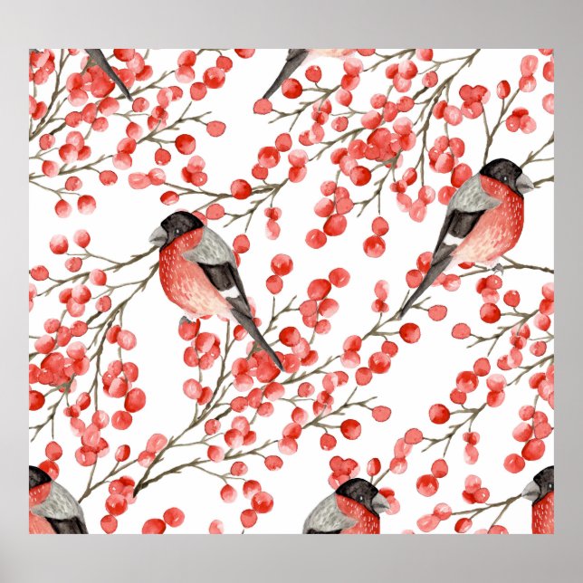 Red Berries Bullfinches Watercolor Mönster Poster (Framsidan)