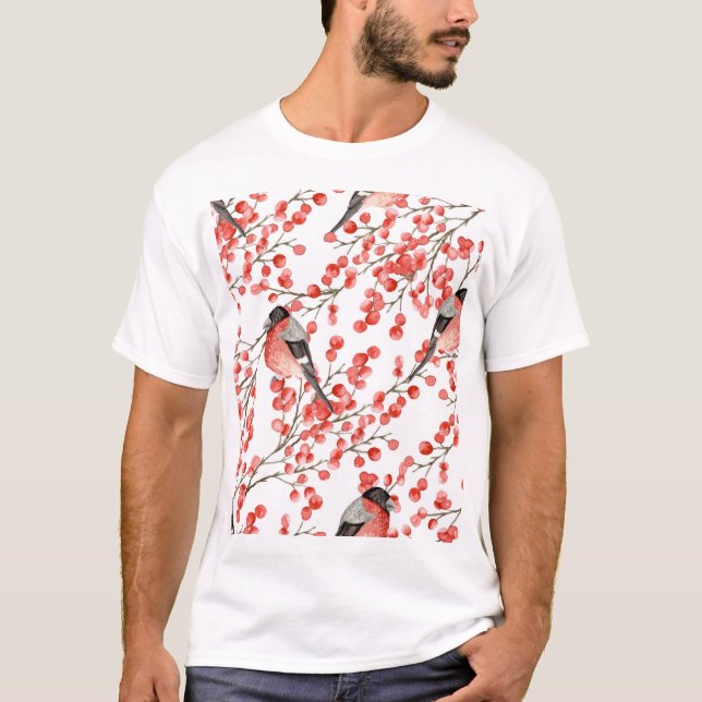 Red Berries Bullfinches Watercolor Mönster T Shirt (Framsida)