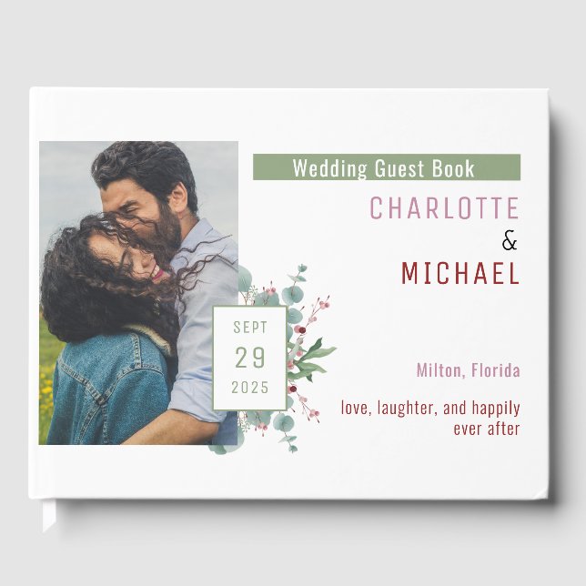 Red Berries & Eucalyptus Bröllop Guest Bok (Framsida)