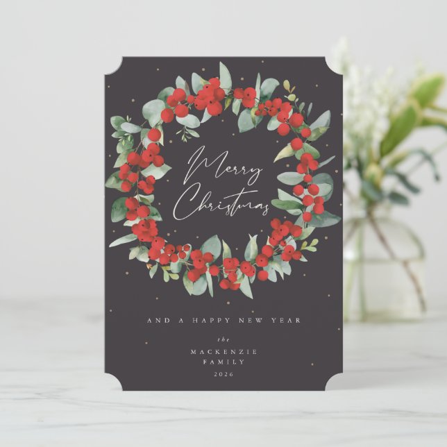 Red Berries+Eucalyptus God andedräkt utan foto Julkort (Stående Fram)