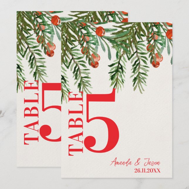Red Berries Festive jul Bröllop Bordsnummer (Fram/baksida)