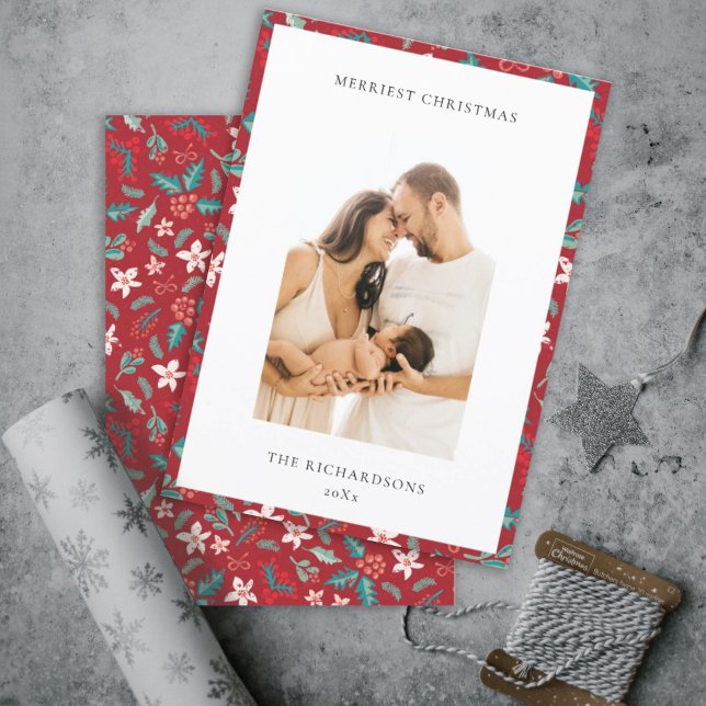 Red Berries God jul Blommönster Photo Julkort (Skapare uppladdad)