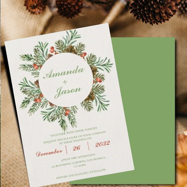Red Berries Gräs Cone-julbröllopsinbjudan (Red Berries Pine Cone Christmas wedding Invitation)