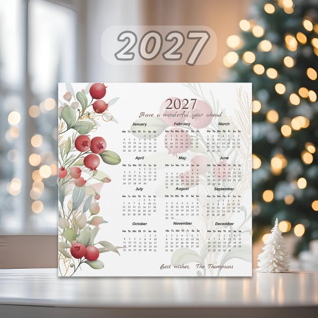 Red Berries Greenery Elegant 2027 Calendar Card (Skapare uppladdad)