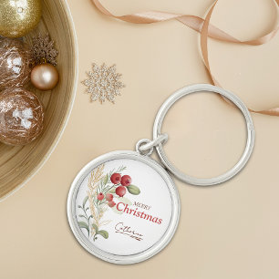 Red Berries Greenery Elegant Namn jul Rund Silverfärgad Nyckelring