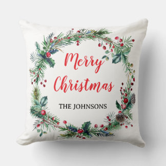 Red Berries Greenery Family Christmas Throw Pillow Kudde