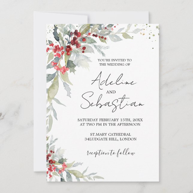 Red Berries Greenery Foliage Wedding bjudande Inbjudningar (Framsida)