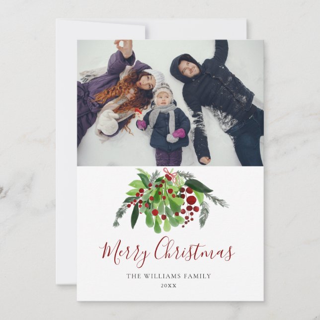 Red Berries Greenery jul Photo Julkort (Framsida)