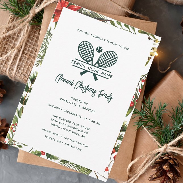 Red Berries Greenery Tennis Klubb jul Party Inbjudningar (Tennis Club Script Botanical Christmas Party Invitation)