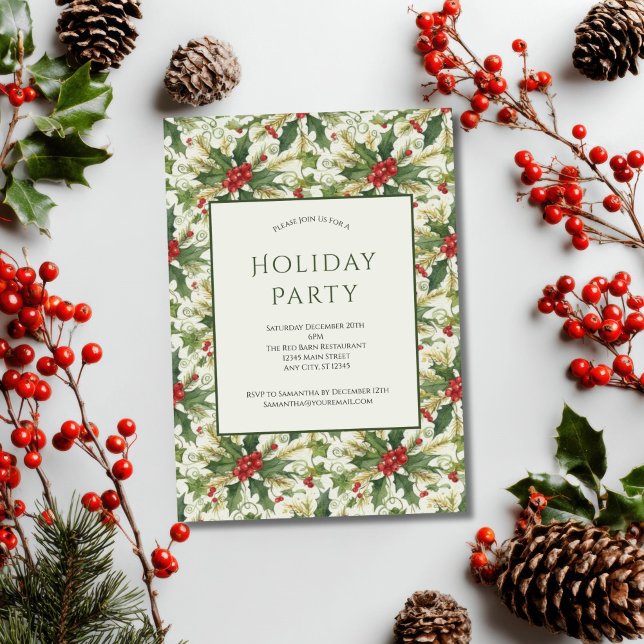 Red Berries Grönt Holly Helgdag jul Party Inbjudningar (Red Berries Holly leaves Christmas Holiday party invitation. Business Corporate. Printed or Digital)