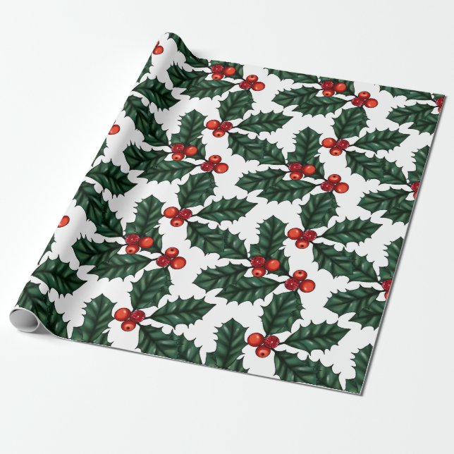 Red Berries & Holly God Jul Wrapping Papper Presentpapper (Utrullad)