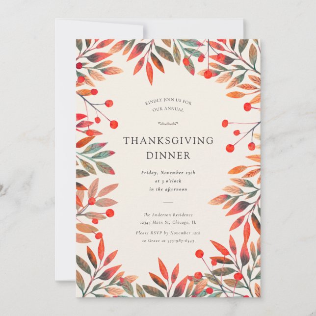 Red Berries & Höst löv Thanksgiving Middag Inbjudningar (Framsida)