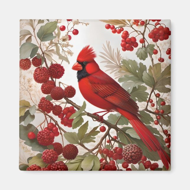 Red Berries i norra kardinal Bird Magnet (Framsidan)