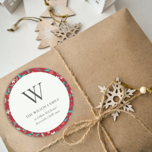 Red Berries Jul Blommigt Monogram Adress Runt Klistermärke