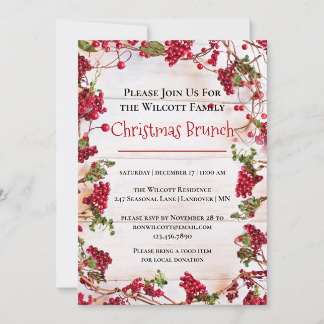 Red Berries Jul Helgdag Brunch-inbjudan Inbjudningar (Framsida)
