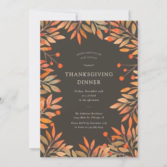 Red Berries & Löv Brown Thanksgiving Middag Inbjudningar (Framsida)