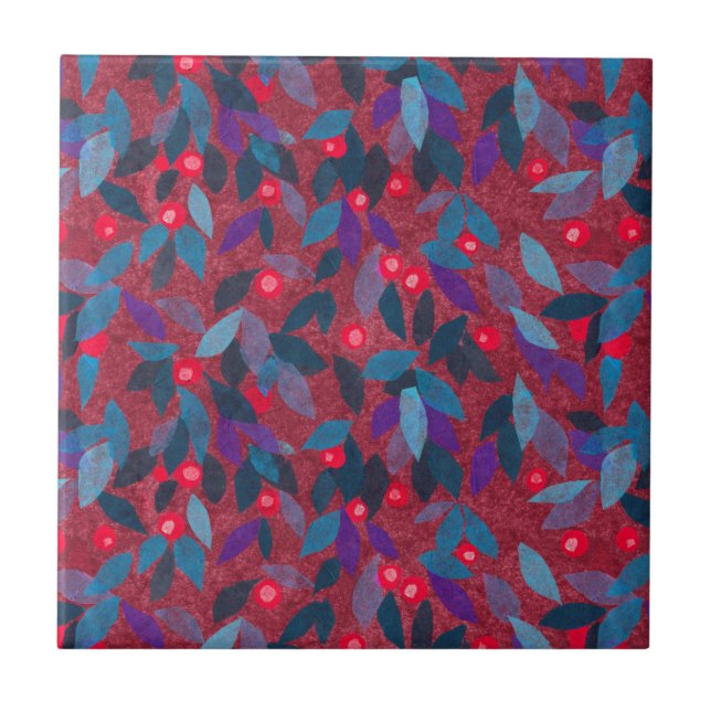 Red Berries Minimal Blommönster Simple Botany Kakelplatta (Framsidan)