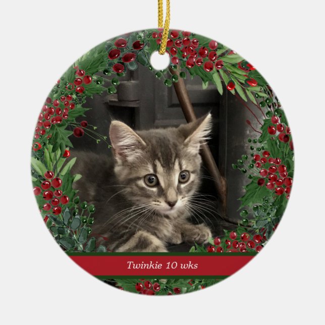 Red Berries och Gröntar 2 Photo Pet Julgransprydnad Keramik (Framsidan)