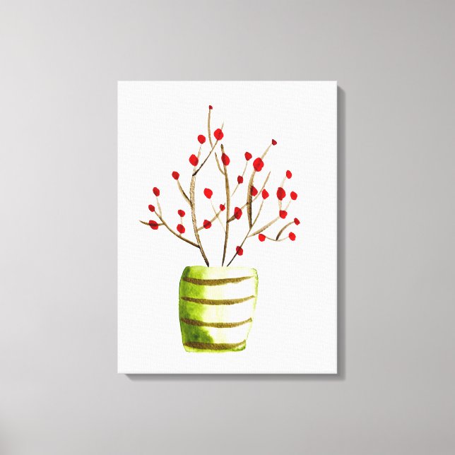 Red Berries, vattenfärgad jul Canvastryck (Framsida)