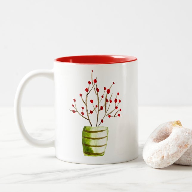 Red Berries, vattenfärgad jul Två-Tonad Mugg (Med munk)