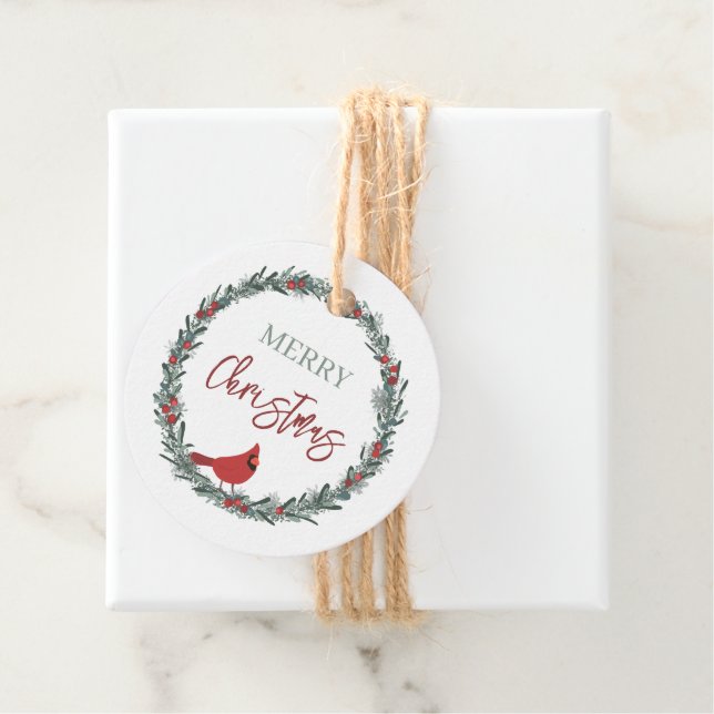 Red Berries Wreath and Red Cardinal Christmas  Gåvor Etiketter (På plats)