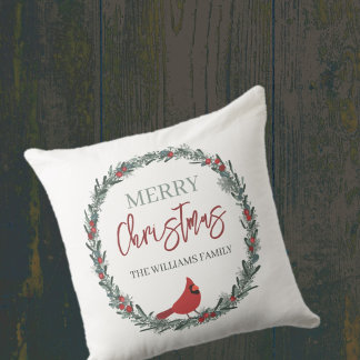 Red Berries Wreath and Red Cardinal Christmas Kudde