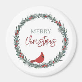 Red Berries Wreath and Red Cardinal Christmas Magnet