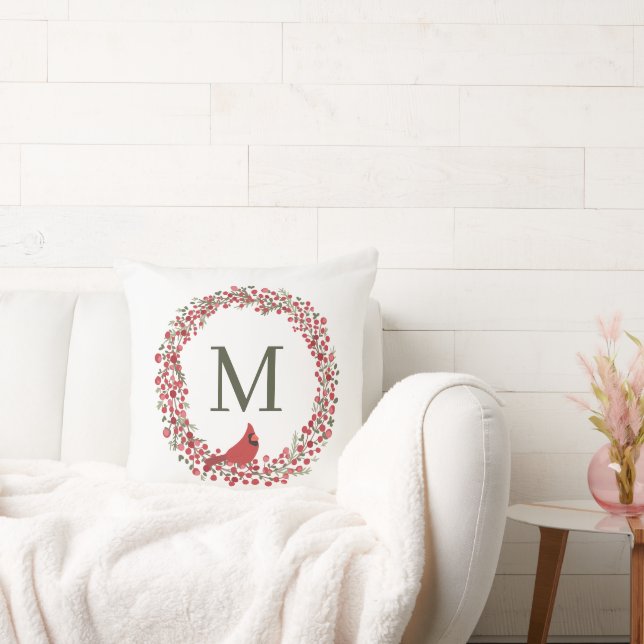 Red Berries Wreath and Red Cardinal Monogram  Kudde (Soffa)