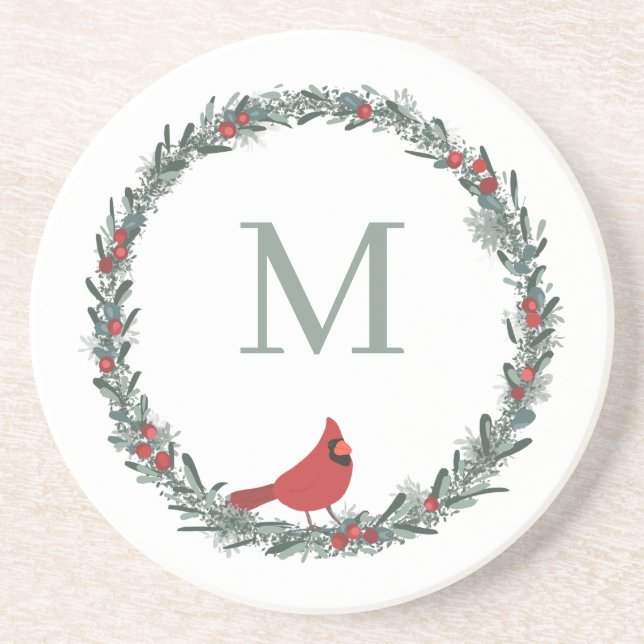 Red Berries Wreath and Red Cardinal Monogram  Underlägg (Framsidan)