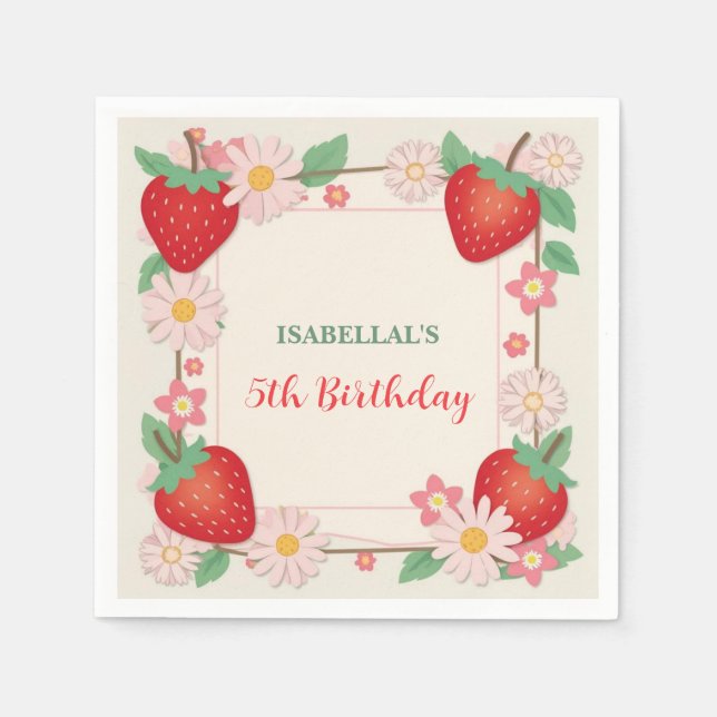 Red Berry Birthday Strawberry-blomma Girl Party Pappersservett (Framsidan)