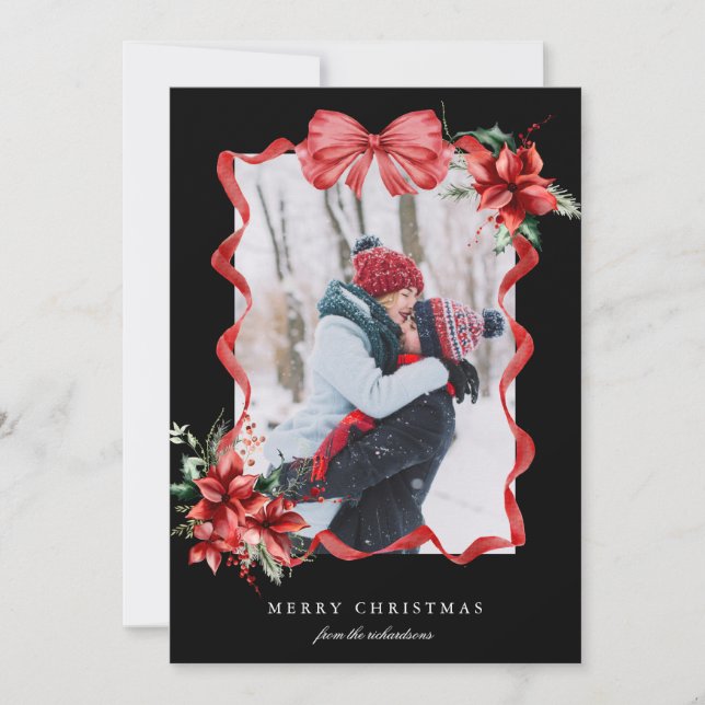 Red Berry Bow Frame Photo Christmas Holiday Card Julkort (Framsida)