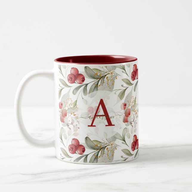 Red Berry Cranberry Grenar Monogrammed jul Två-Tonad Mugg (Vänster)