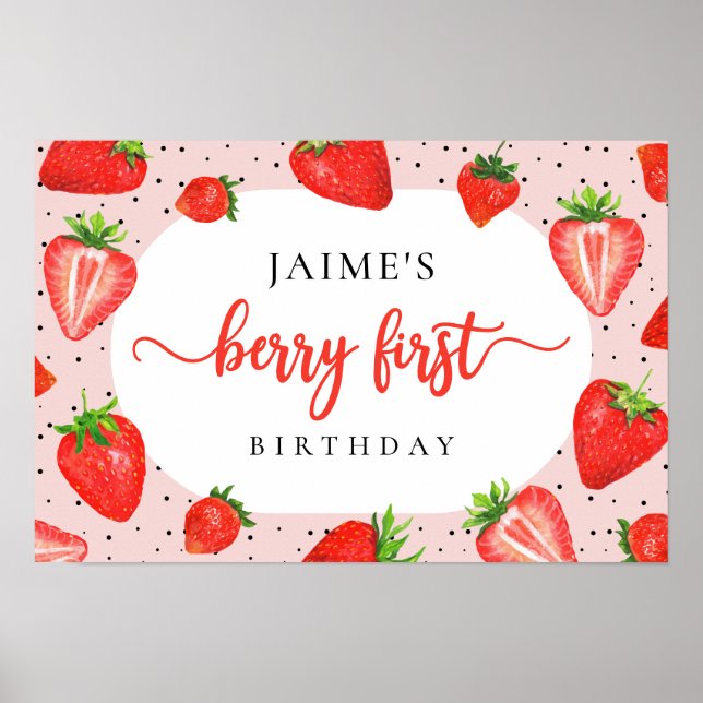Red Berry First Birthday Strawberry Girl Birthday Poster (Framsidan)
