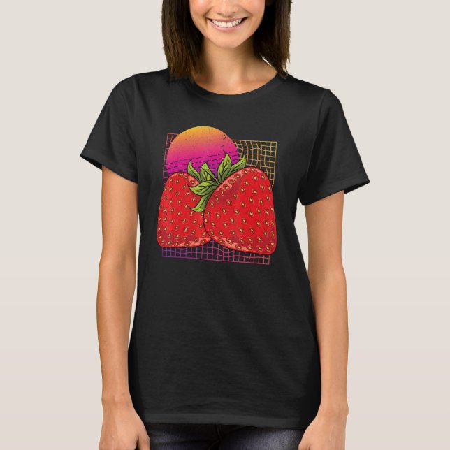 Red Berry Fruit Strawbär 80s Vaporwave Strawb T Shirt (Framsida)